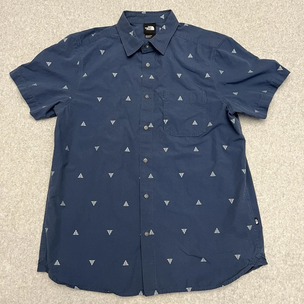 North Face Shirt Men's Large Blue AOP Trees Short Sleeve Outdoors Pocket Hike